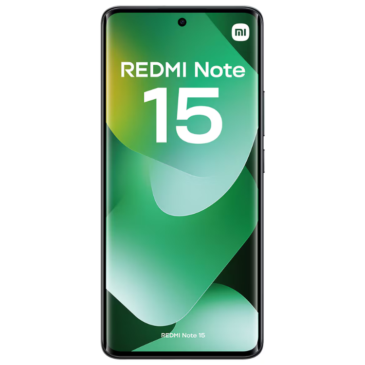Smartphone Xiaomi Redmi Note 15 verde com ecrã e logótipo Mi.