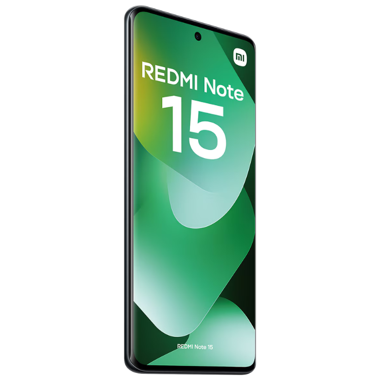 Smartphone Xiaomi Redmi Note 15 verde com ecrã ligado a mostrar o número 15 e logótipo Mi.