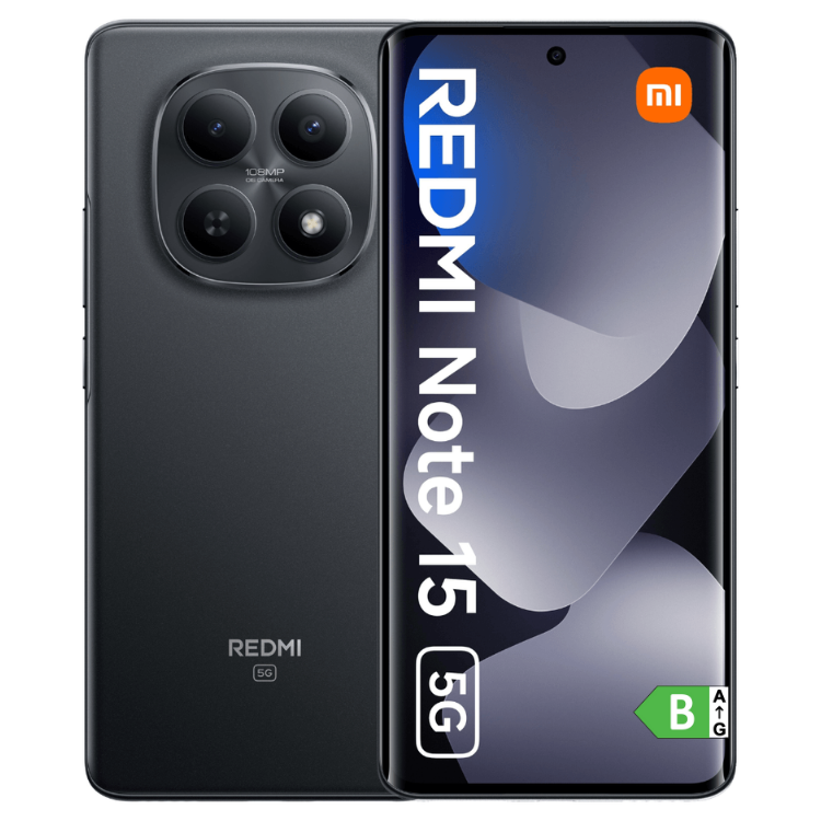 Smartphone Xiaomi Redmi Note 15 5G preto, 8GB/256GB, câmara tripla e ecrã colorido.