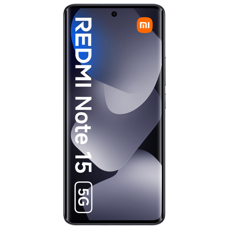 Xiaomi Redmi Note 15 5G preto, smartphone com ecrã e logótipo Mi visível.