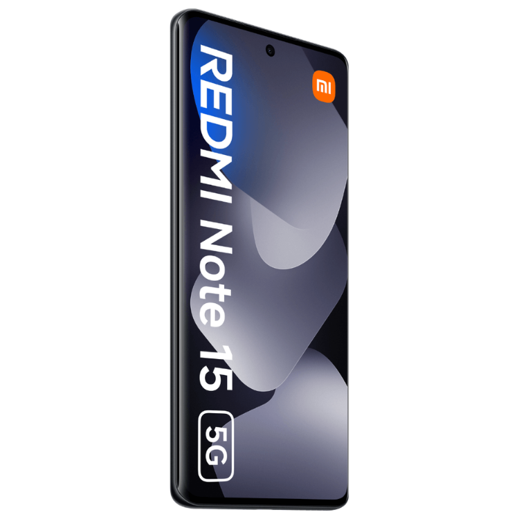 Smartphone Xiaomi Redmi Note 15 5G preto, com ecrã e logótipo Xiaomi.