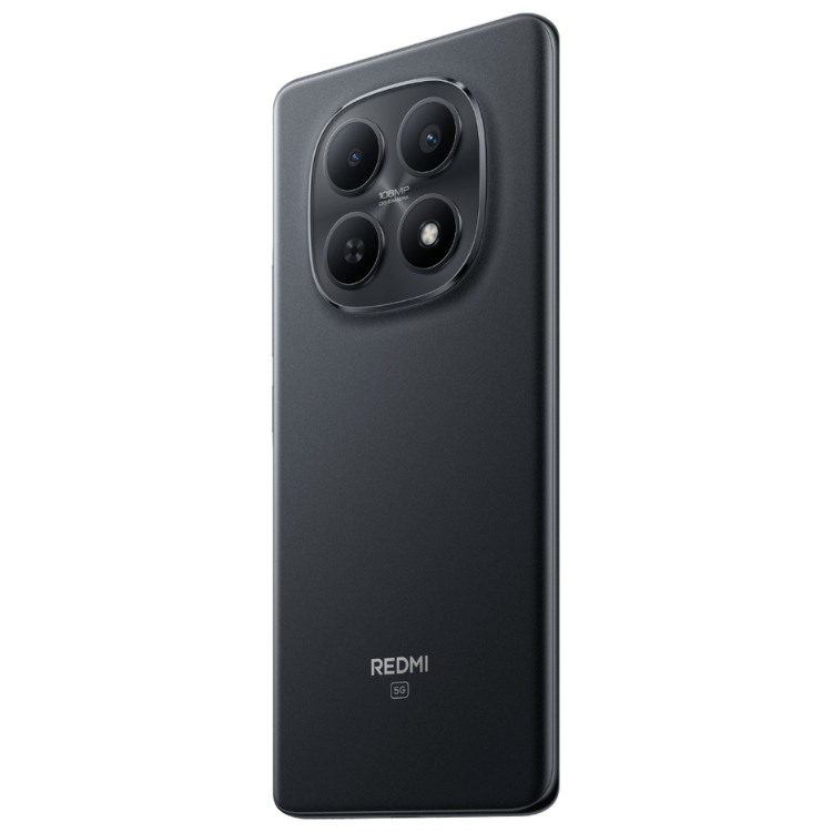 Smartphone Xiaomi Redmi Note 15 5G preto com quatro câmeras traseiras e logotipo Redmi na parte inferior.