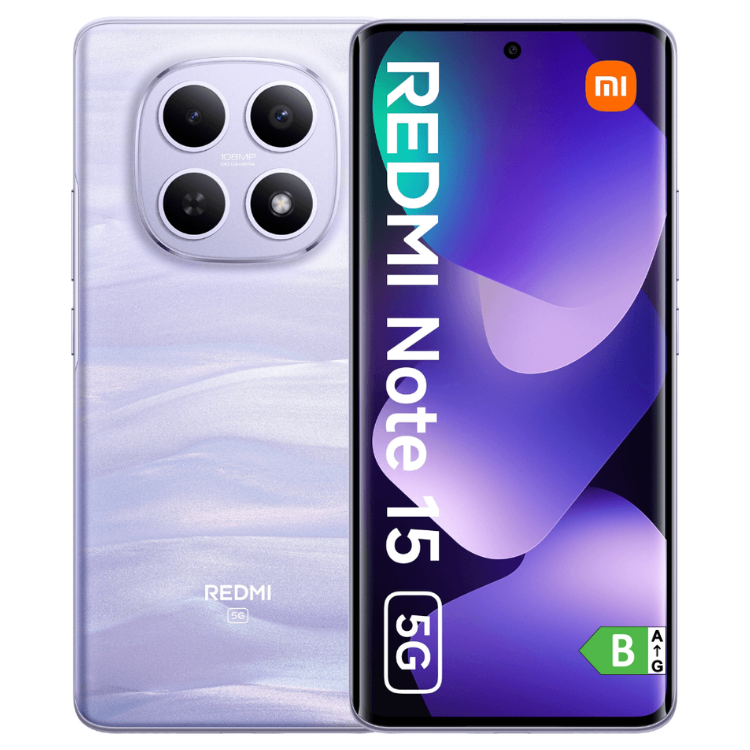 Smartphone Xiaomi Redmi Note 15 5G roxo, 12GB/512GB, câmara tripla, ecrã OLED.