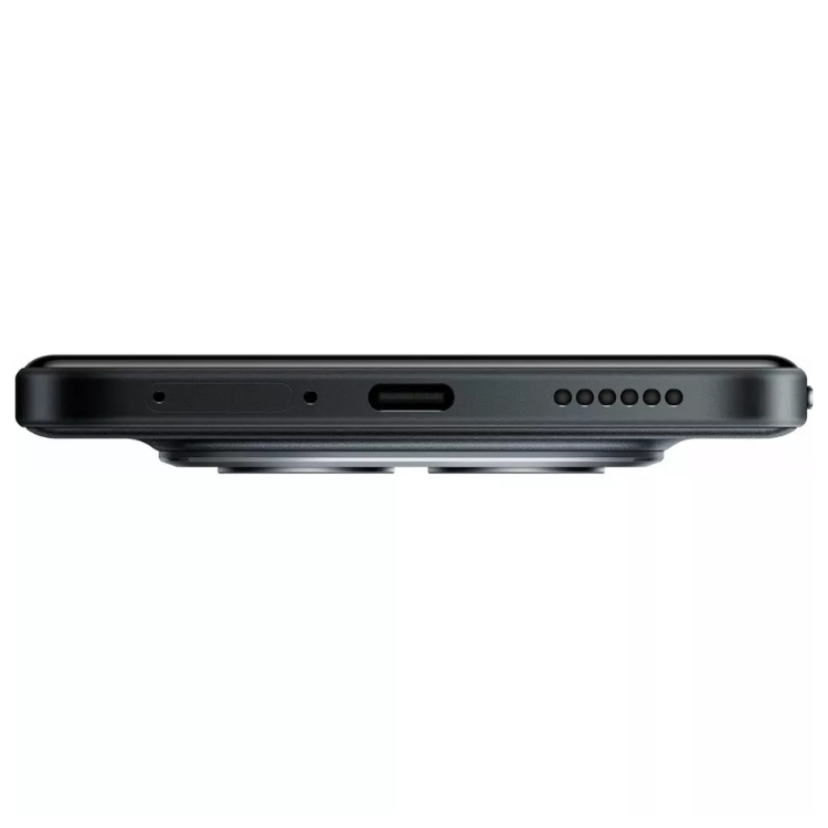 Xiaomi Redmi Note 15 Pro+ 5G preto, vista lateral com detalhes de portas e furos para microfones e altifalantes.