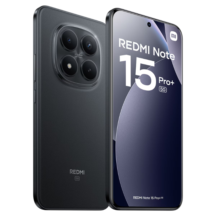 Smartphone Xiaomi Redmi Note 15 Pro+ 5G preto, com quatro câmeras e ecrã ligado.
