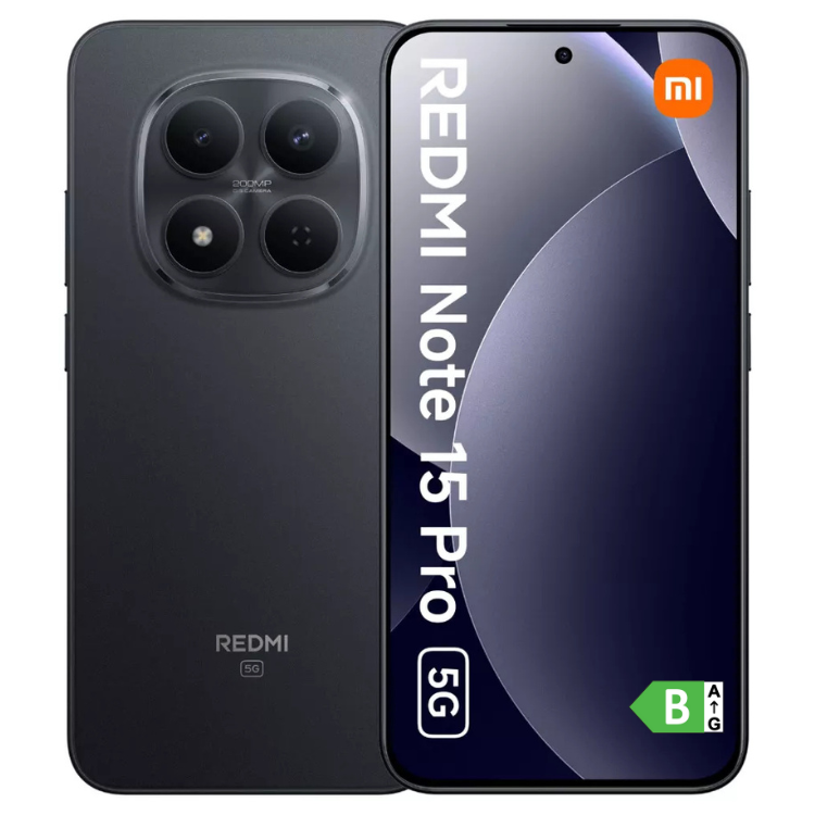 Smartphone Xiaomi Redmi Note 15 Pro+ 5G preto, 8GB/256GB, câmaras quádruplas e ecrã com logótipo Redmi e 5G.