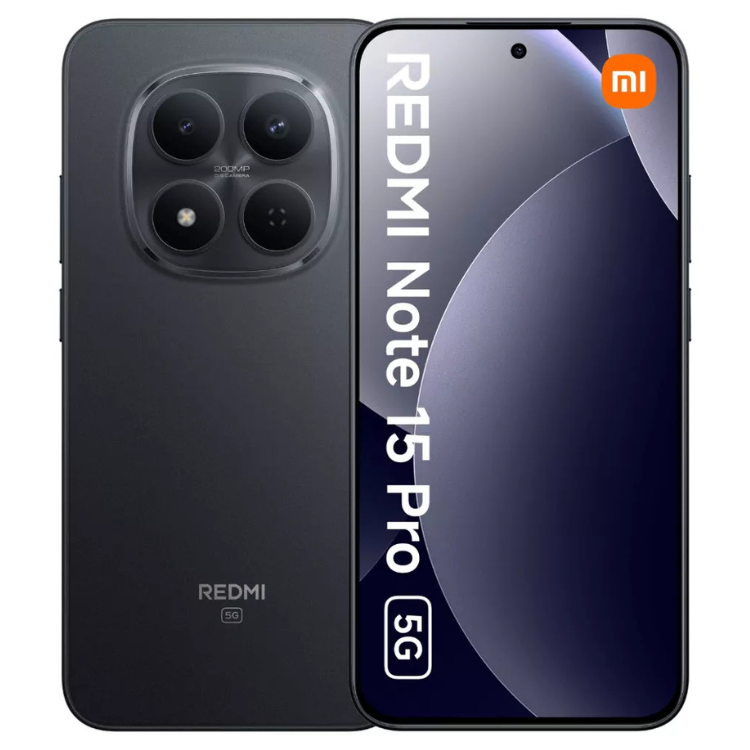 Smartphone Xiaomi Redmi Note 15 Pro+ 5G preto,  câmara quádrupla e ecrã com logótipo Redmi e Mi.