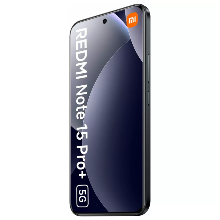Smartphone Xiaomi Redmi Note 15 Pro+ 5G preto, com logotipo Xiaomi e especificações 5G.