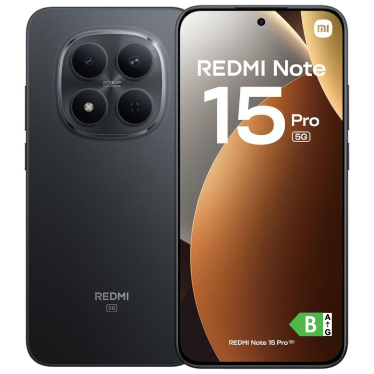 Smartphone Xiaomi Redmi Note 15 Pro 5G preto, com quatro câmeras e ecrã com logotipo Redmi e 5G.