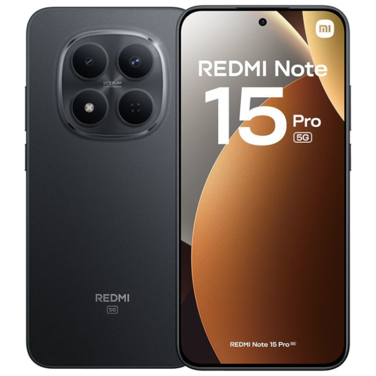 Smartphone Xiaomi Redmi Note 15 Pro 5G preto, com quatro câmeras e ecrã de apresentação.