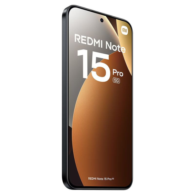 Smartphone Xiaomi Redmi Note 15 Pro 5G preto, ecrã com logótipo e detalhes em branco.