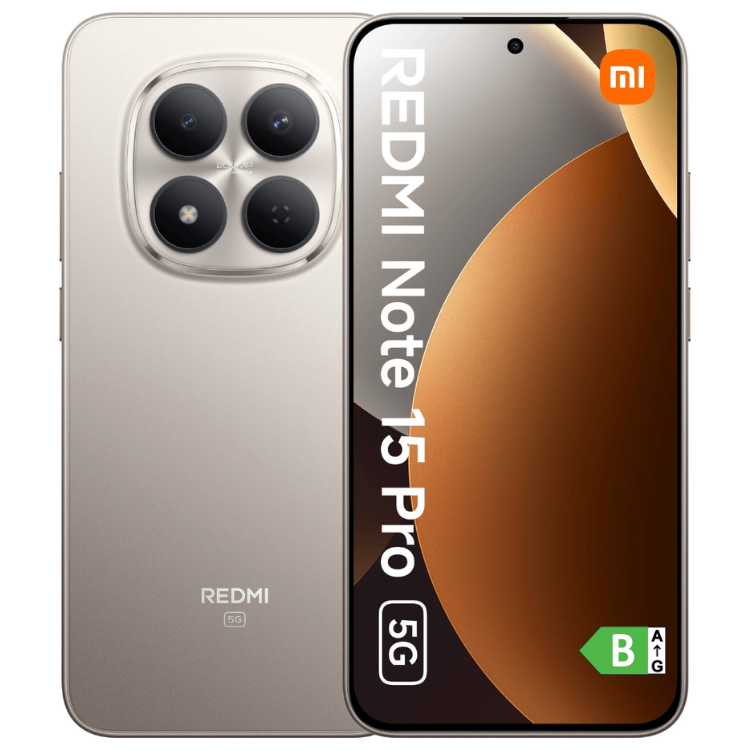 Smartphone Xiaomi Redmi Note 15 Pro 5G prata, câmaras quádruplas e ecrã com logótipo Redmi e Mi.