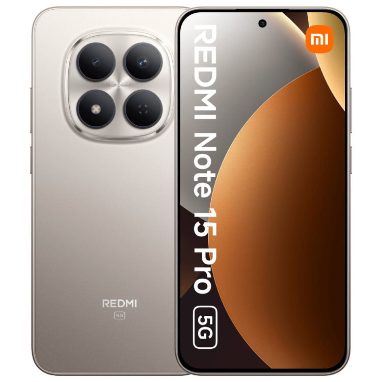 Smartphone Xiaomi Redmi Note 15 Pro 5G cor Titânio, com quatro câmeras traseiras e ecrã colorido.
