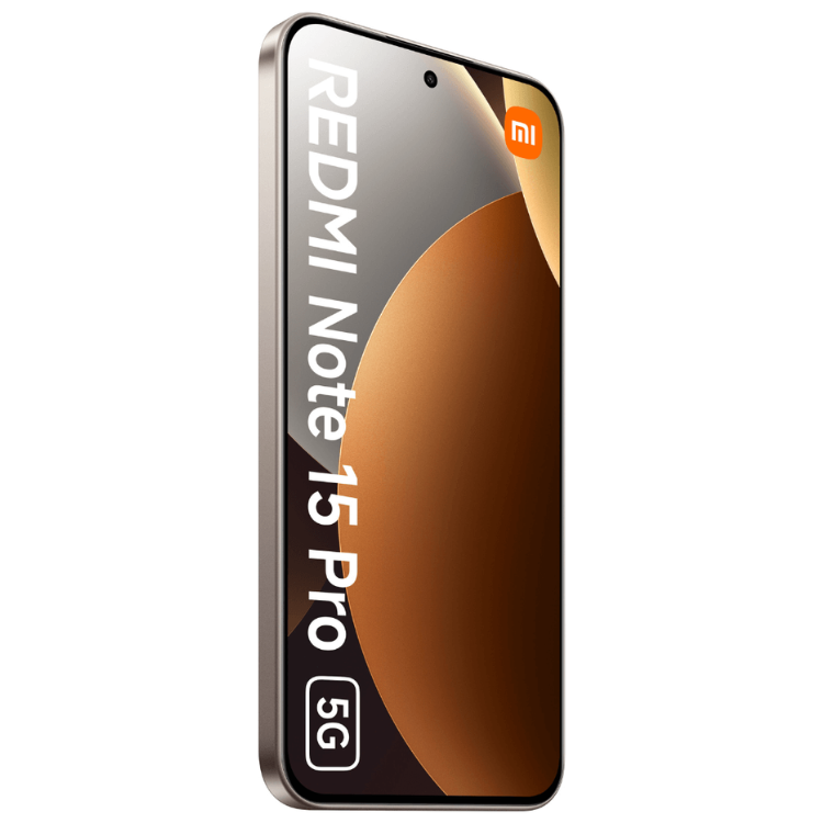 Smartphone Xiaomi Redmi Note 15 Pro 5G, cor Titânio, com logotipo Xiaomi e capacidades 5G.