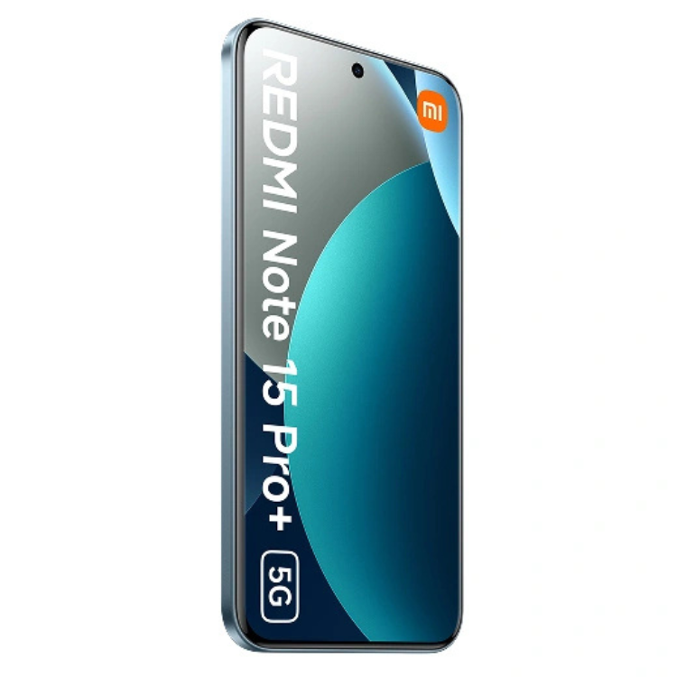 Smartphone Xiaomi Redmi Note 15 Pro+ 5G, azul, 8GB/256GB, logotipo Xiaomi e detalhes do produto visíveis na tela.
