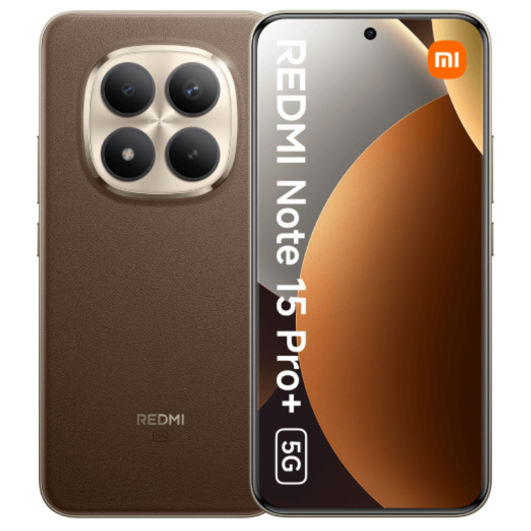 Smartphone Xiaomi Redmi Note 15 Pro+ 5G, castanho, câmaras quádruplas, ecrã ligado.