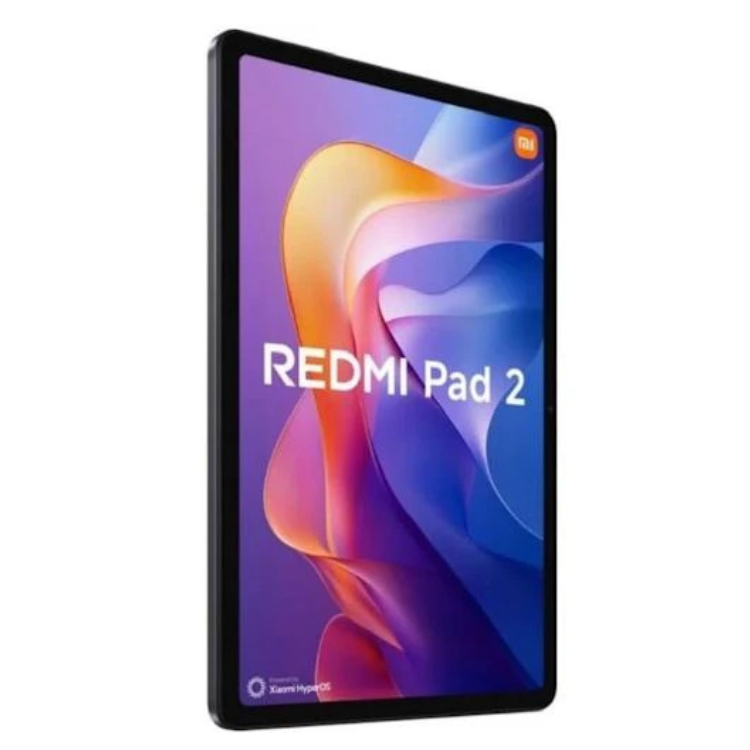Tablet Xiaomi Redmi Pad 2 11" cinzento, ecrã colorido com logótipo Redmi e interface gráfica.