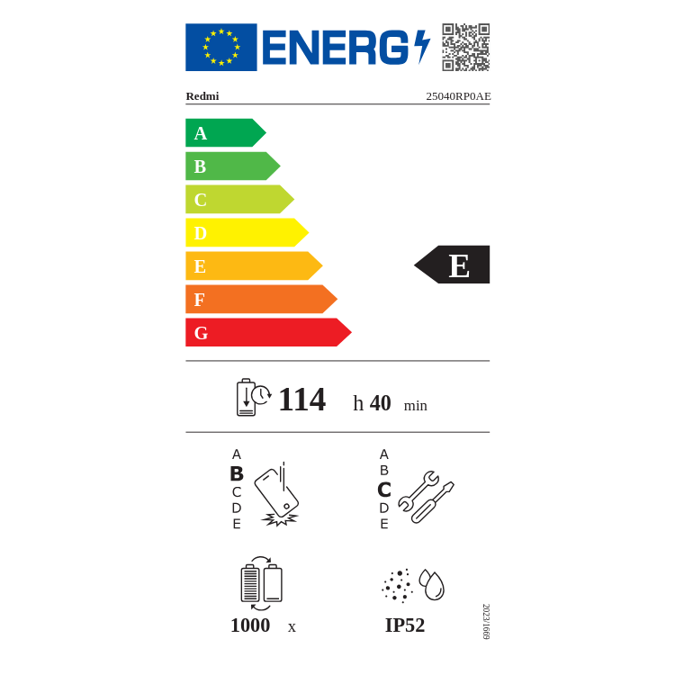 Etiqueta energética do tablet Redmi, classificação E, bateria 114h 40min, resistência IP52.