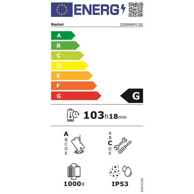 Etiqueta energética do tablet Redmi, eficiência G, 103 horas e 18 minutos de autonomia, resistência IP53.