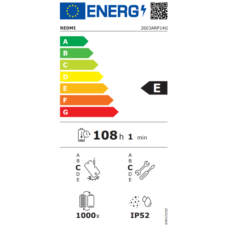 Etiqueta energética do tablet Redmi, classificação E, 108 horas de bateria.