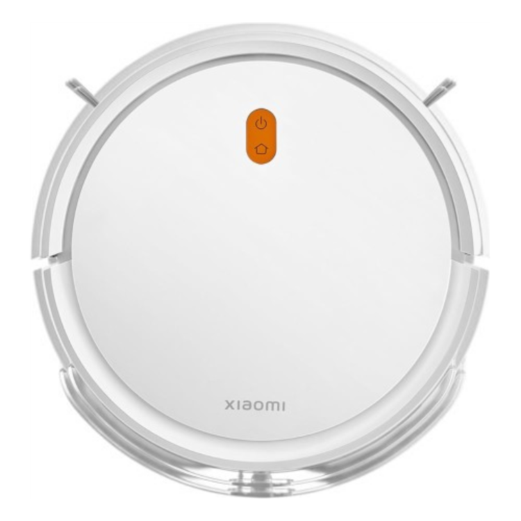 Xiaomi E5 white robot vacuum cleaner with orange power button.