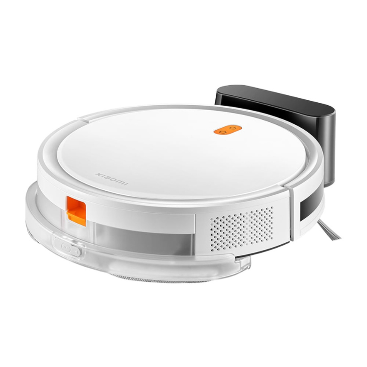 White Xiaomi robot vacuum cleaner with orange accents and charging dock.