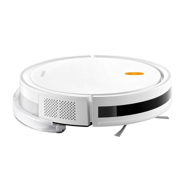 White Xiaomi robot vacuum cleaner, round with black stripe and orange button.