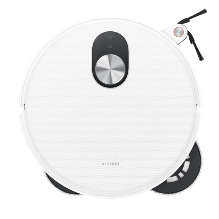 White Xiaomi robot vacuum cleaner with black accents and silver buttons.