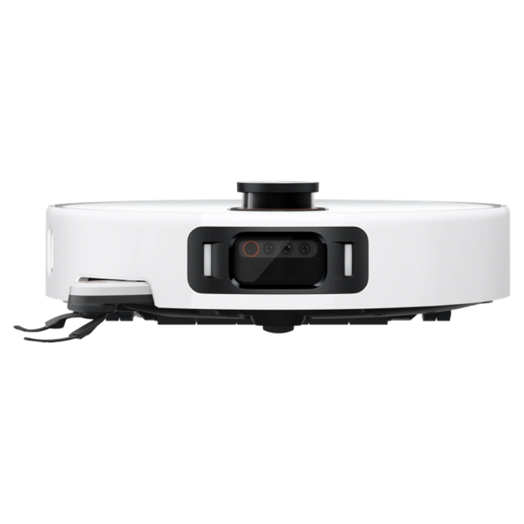White Xiaomi robot vacuum cleaner, rear view showing black panel with buttons and charging dock connector.