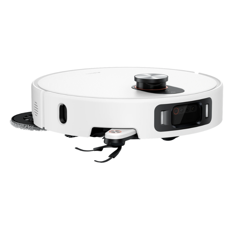 White Xiaomi robot vacuum cleaner with black accents and buttons.