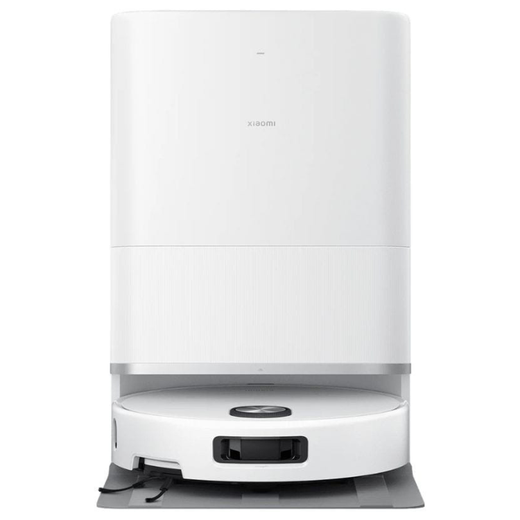 Xiaomi white robot vacuum cleaner with charging dock, front view.