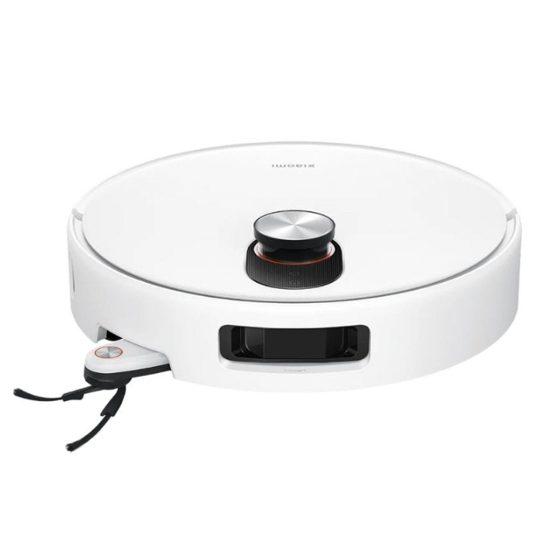 White Xiaomi robot vacuum cleaner with black accents and silver button.