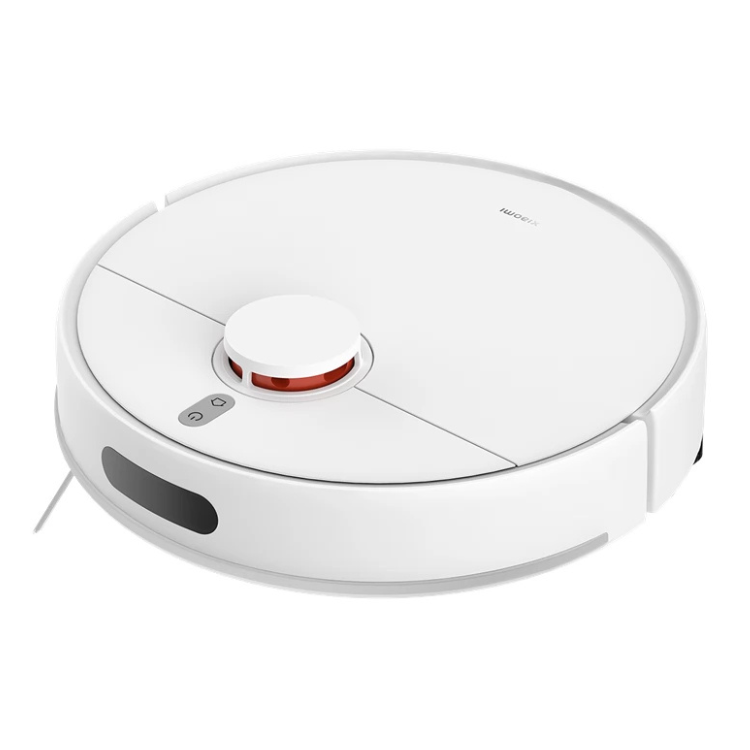 White Xiaomi robot vacuum cleaner, round with red accent and buttons.