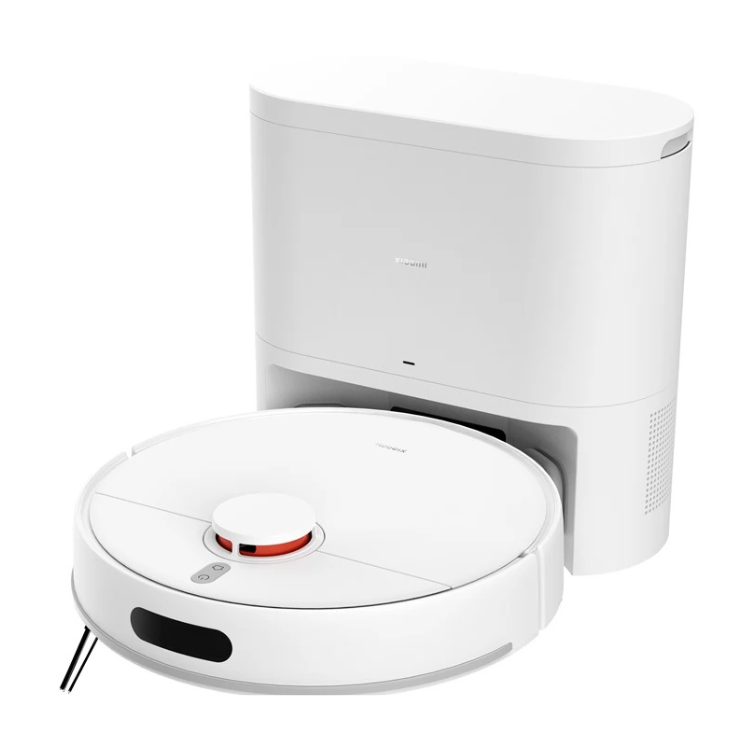 Xiaomi Robot Vacuum H40 branco em primeiro plano com a base de coleta de pó.