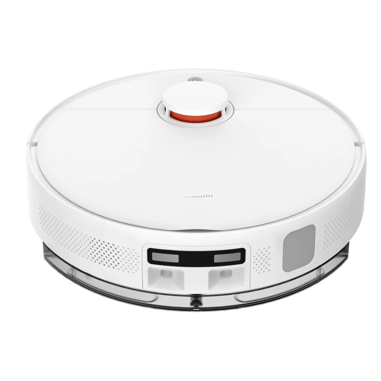 White Xiaomi robot vacuum cleaner, round with red accent and clear base.