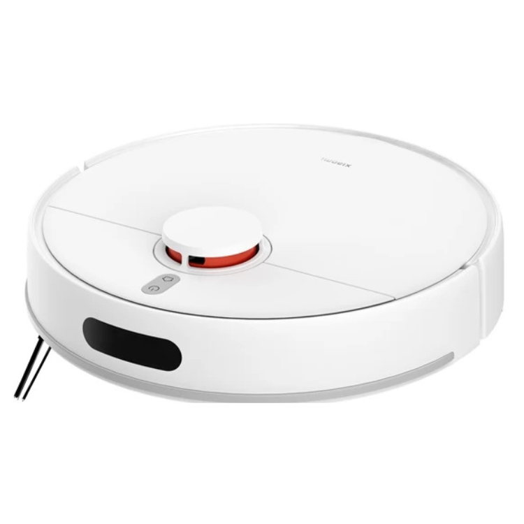 White Xiaomi robot vacuum cleaner, round with red accent and black brushes visible.
