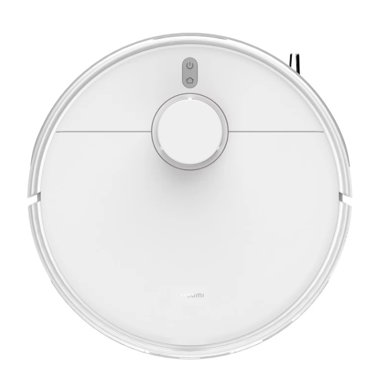 White Xiaomi robot vacuum cleaner, round with buttons on top.
