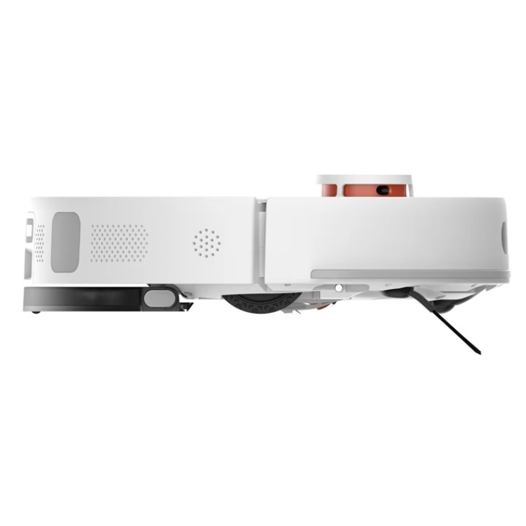 White Xiaomi robot vacuum cleaner with orange accents on charging dock.