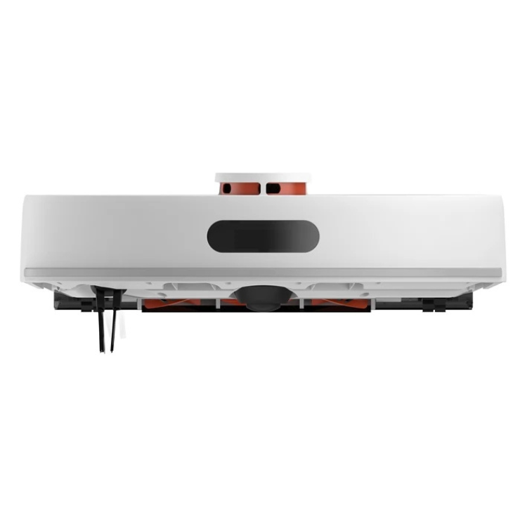 White Xiaomi robot vacuum cleaner bottom view, red and black accents.