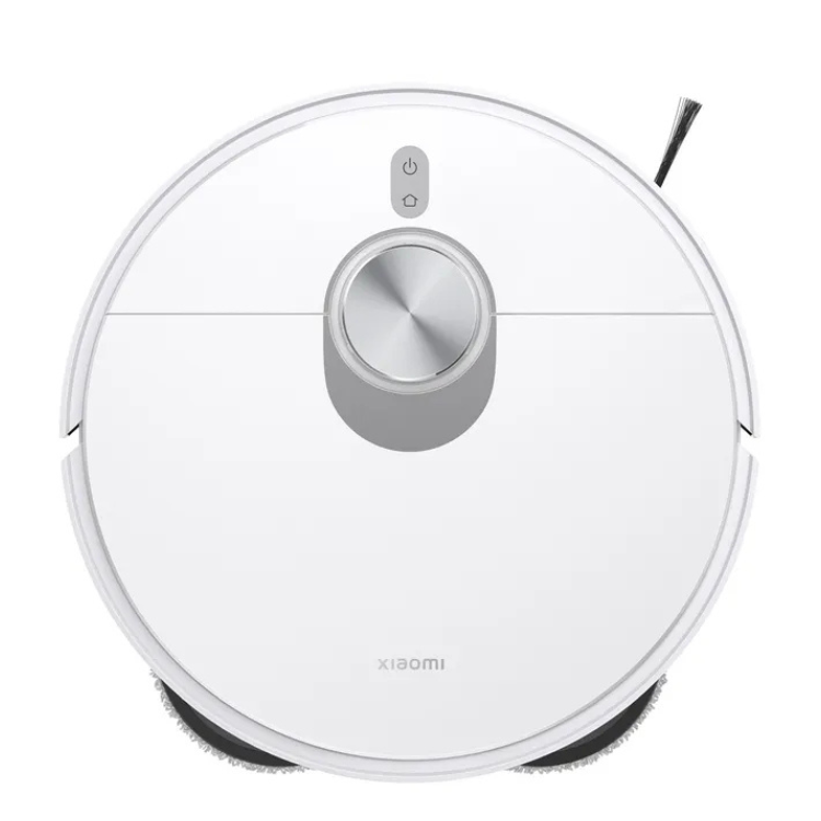 White Xiaomi robot vacuum cleaner, round with silver accents and buttons.