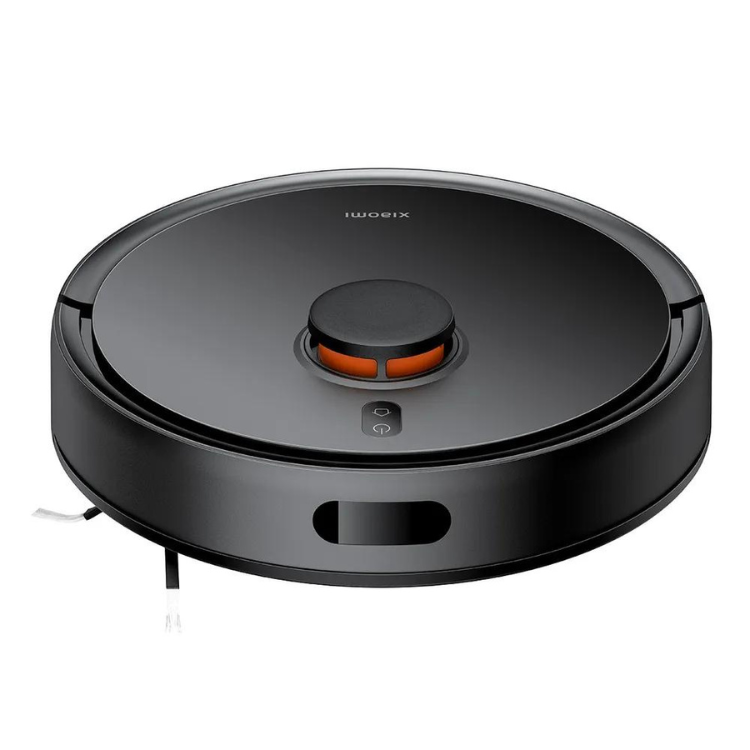 Black Xiaomi robot vacuum cleaner, round with orange accents and power button.