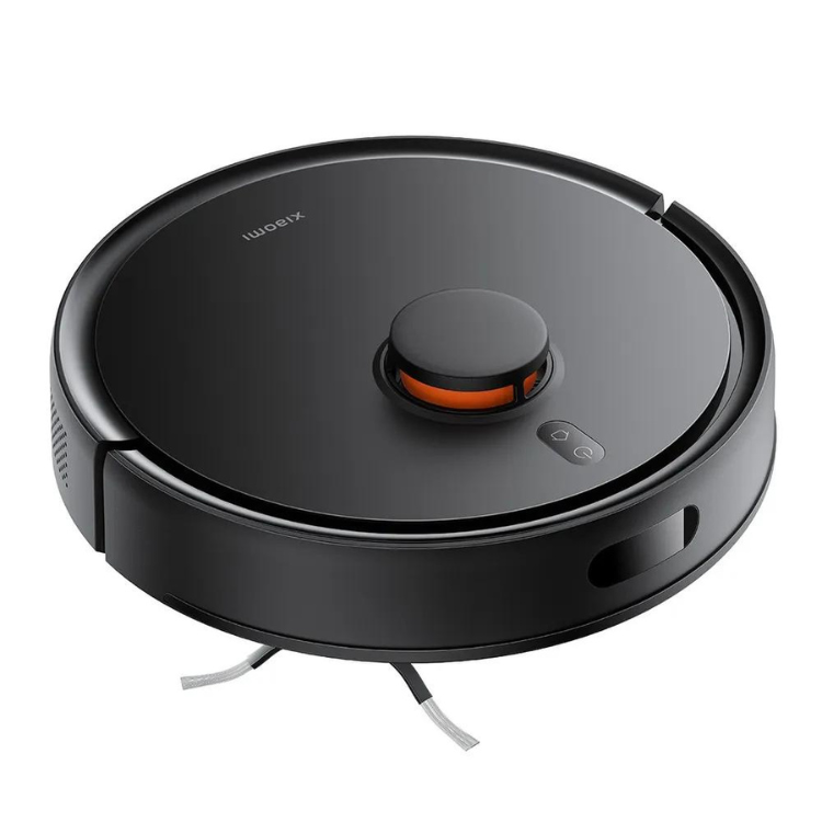 Black Xiaomi robot vacuum cleaner, round with orange accent.