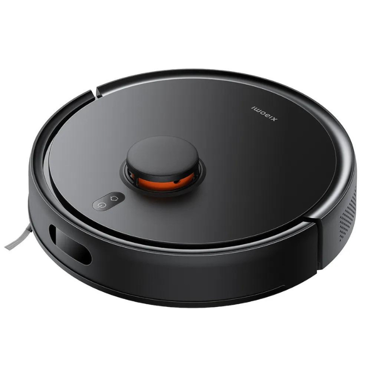 Black Xiaomi robot vacuum cleaner, round with orange accent.