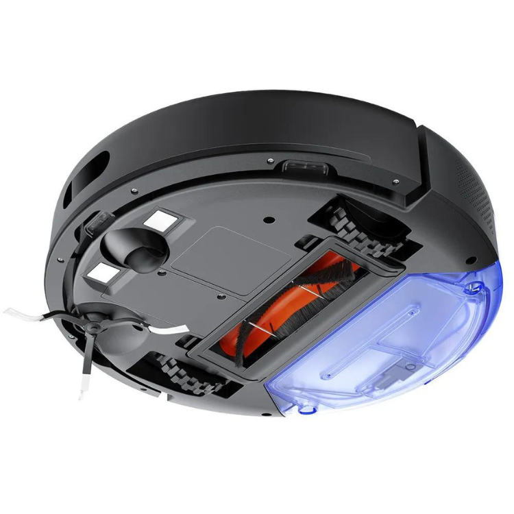 Black Xiaomi S20 robot vacuum with blue light and orange brush.
