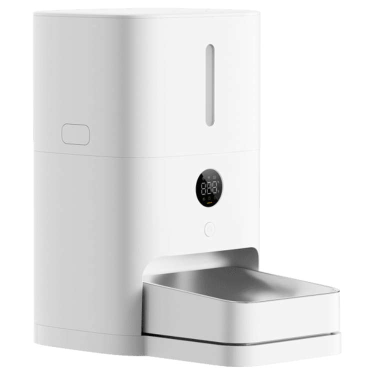 White Xiaomi smart pet food feeder with digital display and silver tray.