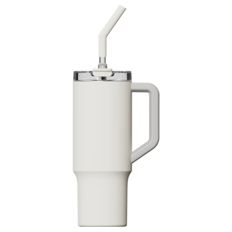 White Xiaomi straw mug, 1L, stainless steel, with handle and lid.
