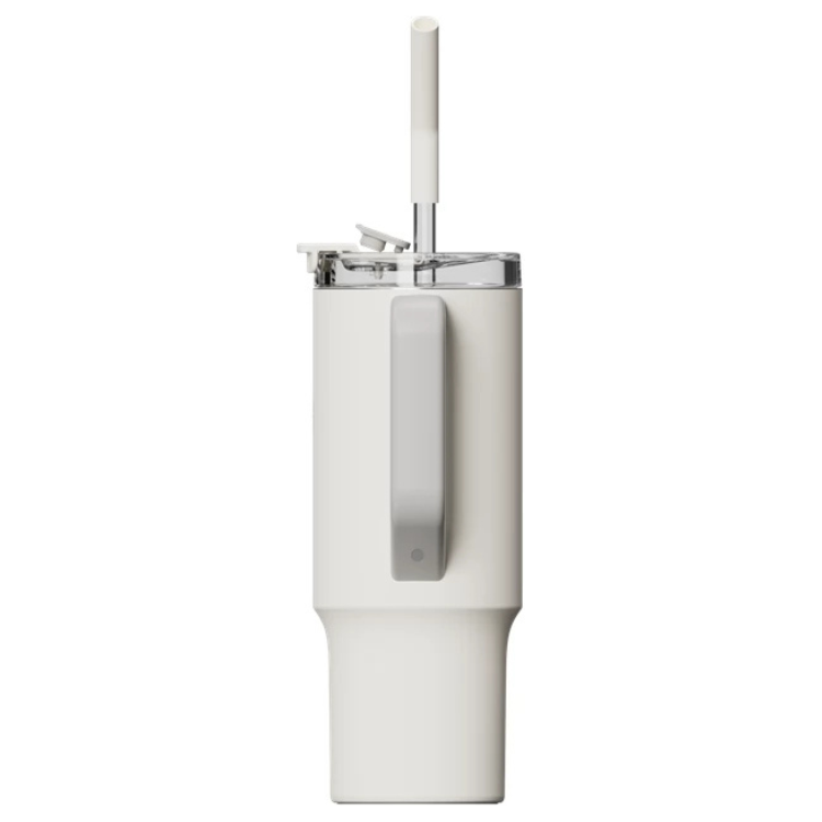 White Xiaomi straw mug, 1L, stainless steel, with handle and clear lid.