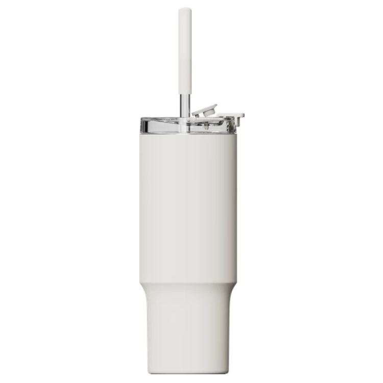 White Xiaomi straw mug, 1L, stainless steel thermal cup with lid and straw.