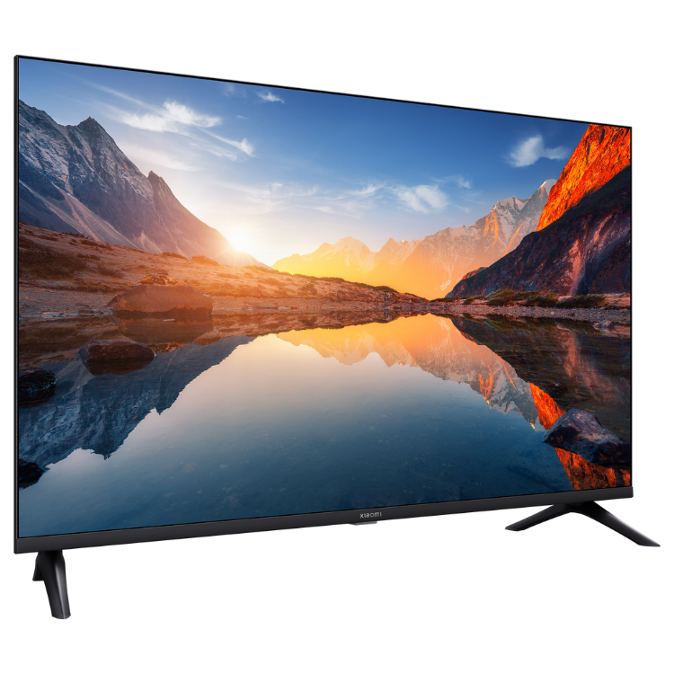 Televisão Xiaomi A 2025 Smart TV HD LED 32" preta com imagem de montanhas e lago ao pôr do sol.