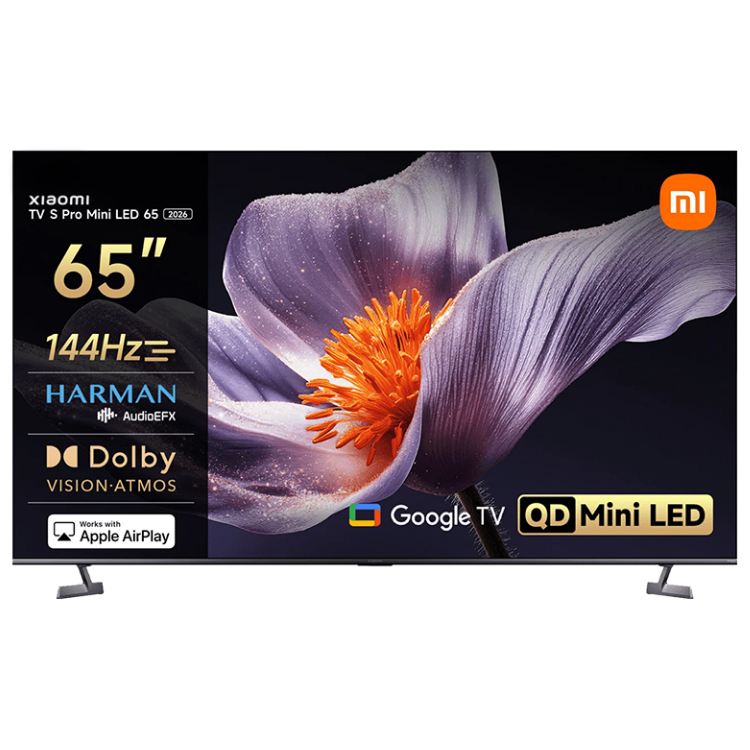 TV Xiaomi S Pro 65" Mini LED 4K, com imagem de flor roxa e detalhes técnicos.